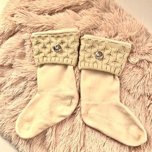 Michael Kors cream rain boot socks with removable MK pin. Size S/M.